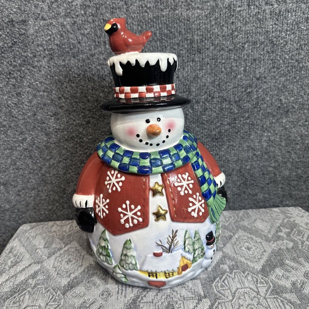 Vtg Home Interiors Snowman W/Cardinal Cookie Jar 2003 Red Coat Snow Scene